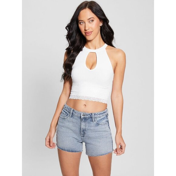 GUESS Women's Lila Cutout Seamless Ribbed Lace-Trim Sweater White Size S - Picture 1 of 1